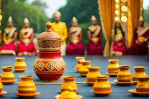 un grupo de mujer en tradicional ropa son sentado alrededor un mesa con amarillo jarrones generado por ai foto