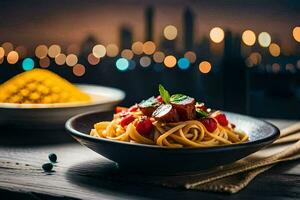 spaghetti with tomato and basil on a wooden table. AI-Generated photo