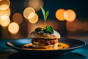 a burger on a plate with a light background. AI-Generated photo