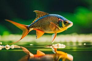 a fish is standing on the water with its reflection. AI-Generated photo