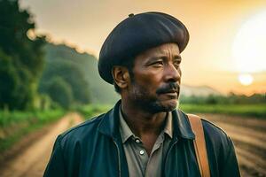 a man in a hat stands in a field. AI-Generated photo
