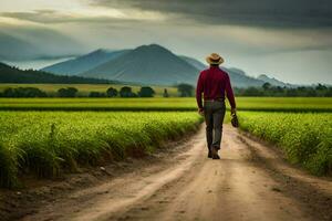 un hombre caminando en un arroz campo con montañas en el antecedentes. generado por ai foto