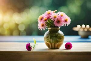 a vase with pink flowers on a table. AI-Generated photo