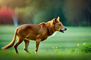 a brown dog is standing in the grass. AI-Generated photo