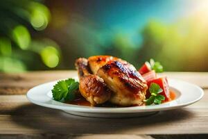 pollo en un plato con Tomates y hierbas. generado por ai foto