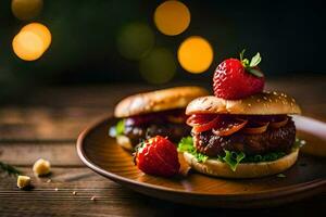 two hamburgers with strawberries on a plate. AI-Generated photo