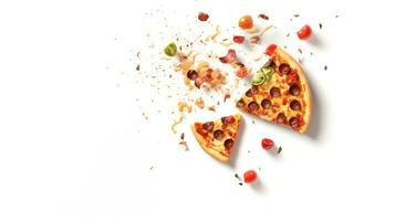 Sliced piece of pizza with a splash of ingredients and spices isolated on white background. AI Generated photo