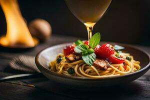 spaghetti with meat, tomatoes and mushrooms in a bowl. AI-Generated photo