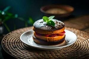 a chocolate cake with strawberries on a plate. AI-Generated photo