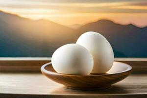 two eggs in a bowl on a window sill. AI-Generated photo