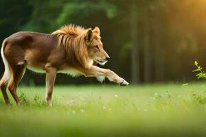 un león es caminando en el césped. generado por ai foto