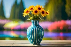 un azul florero con amarillo flores sentado en un mesa. generado por ai foto