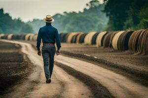 a man in a hat walks down a dirt road. AI-Generated photo