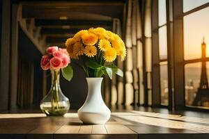 yellow flowers in vase on table with view of city. AI-Generated photo