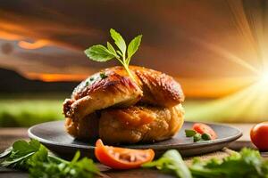 un pollo en un plato con Tomates y hierbas. generado por ai foto