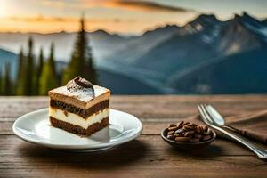 a slice of cake with coffee beans on a plate in the mountains. AI-Generated photo