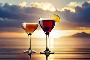 two glasses of alcohol on a table with sunset in the background. AI-Generated photo