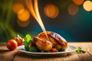 a chicken is being cooked on a plate with a flame. AI-Generated photo