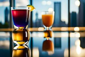 two glasses of colorful drinks sit on a table. AI-Generated photo