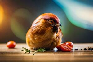 a chicken is sitting on a table with tomatoes. AI-Generated photo