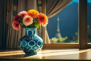 un florero con flores sentado en un ventana umbral. generado por ai foto