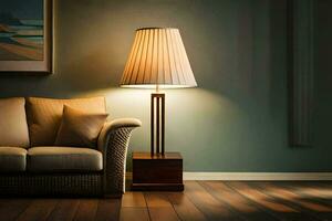a lamp is sitting on a wooden floor next to a couch. AI-Generated photo