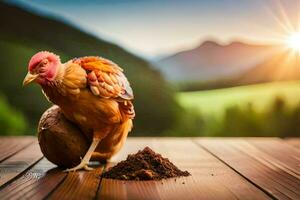 a chicken is standing on a wooden table with a coconut. AI-Generated photo