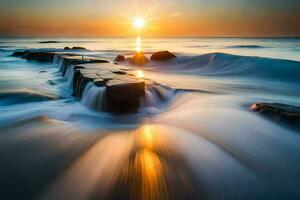 a long exposure photograph of waves crashing into the ocean. AI-Generated photo