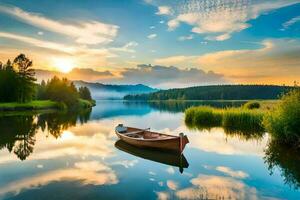 el barco es flotante en el calma lago a puesta de sol. generado por ai foto