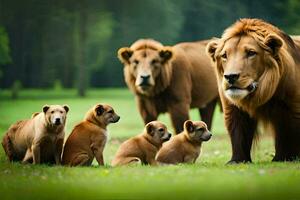 un león y su cachorros en un campo. generado por ai foto