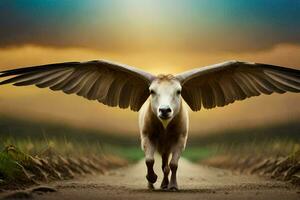 a white horse with wings walking down a dirt road. AI-Generated photo