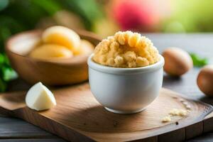a bowl of mashed potatoes and a knife on a cutting board. AI-Generated photo