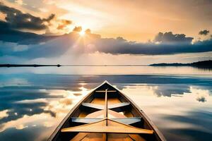 a canoe is floating on the water at sunset. AI-Generated photo