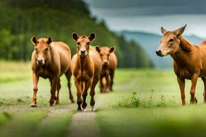 a herd of brown horses walking on a road. AI-Generated photo