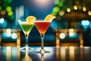 two colorful cocktails sit on a table in front of a blurry background. AI-Generated photo