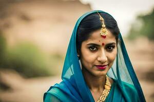 un mujer en un sari poses para el cámara. generado por ai foto