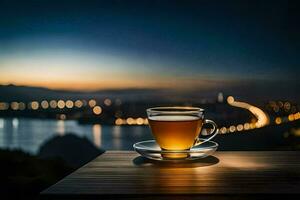 a cup of tea on a wooden table overlooking the city. AI-Generated photo