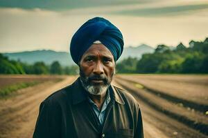 an indian man wearing a turban stands in a field. AI-Generated photo