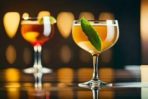 two glasses of drinks with a garnish on the table. AI-Generated photo