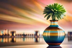 a colorful vase with a plant in it. AI-Generated photo