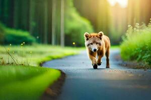 foto fondo de pantalla el camino, animal, lobo, correr, el bosque, el sol, el bosque. generado por ai