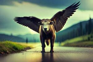 a bull with wings spread out on the road. AI-Generated photo