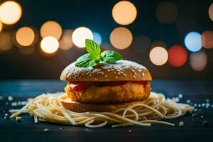 a chicken burger with spaghetti on a wooden table. AI-Generated photo