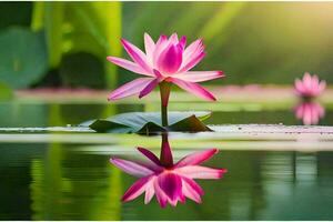 rosado loto flor en el agua con verde hojas. generado por ai foto
