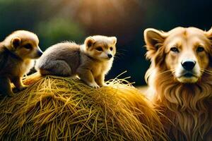 a dog and two puppies are sitting on hay. AI-Generated photo