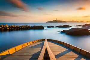 the long wooden pier in the ocean at sunset. AI-Generated photo