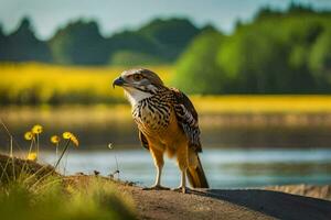 un pájaro es en pie en el borde de un lago. generado por ai foto