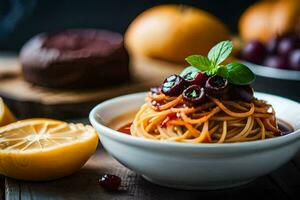 spaghetti with cherry tomatoes and basil on a wooden table. AI-Generated photo