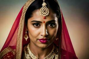 a beautiful indian woman wearing a red sari. AI-Generated photo