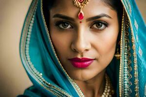 hermosa indio mujer en tradicional vestido. generado por ai foto